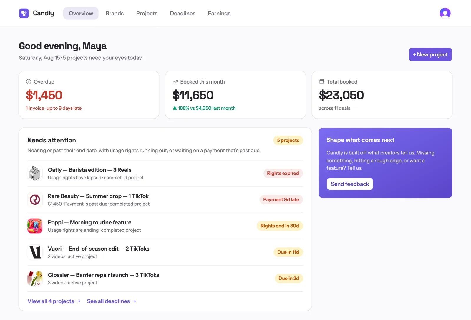 The Candly overview screen: what's overdue, what's booked this month and total booked, above a Needs attention list of brand deals with expiring usage rights, late payments and approaching delivery dates.