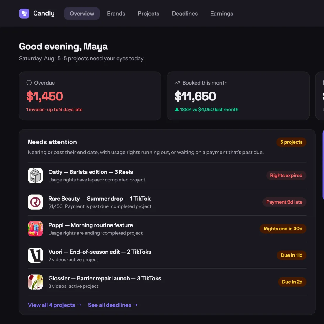 The Candly overview screen: what's overdue and what's booked this month, above a Needs attention list of brand deals with expiring usage rights, late payments and approaching delivery dates.