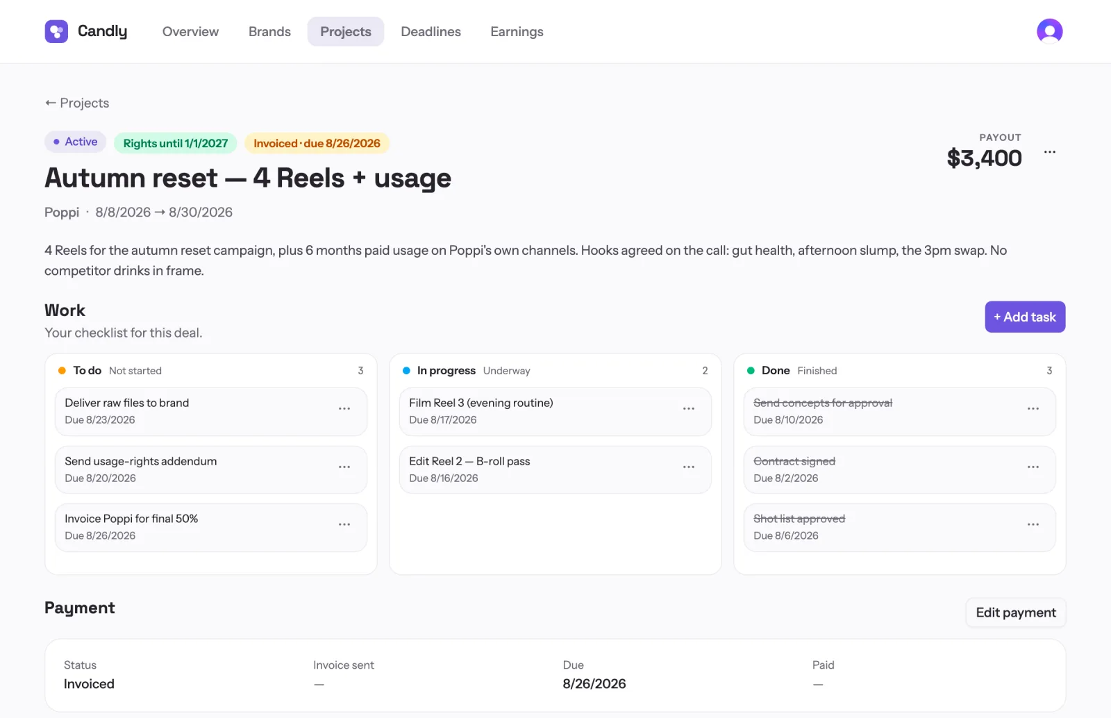 A single deal in Candly: its status, usage-rights window and payment state along the top with the agreed fee, the brief underneath, then a to-do / in-progress / done board of the work and a payment panel showing when the invoice is due.